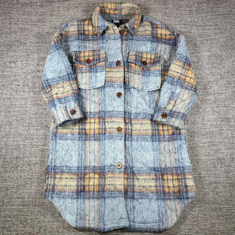 ZARA Women's Plaid Mohair Blend Long Button-Down Shacket